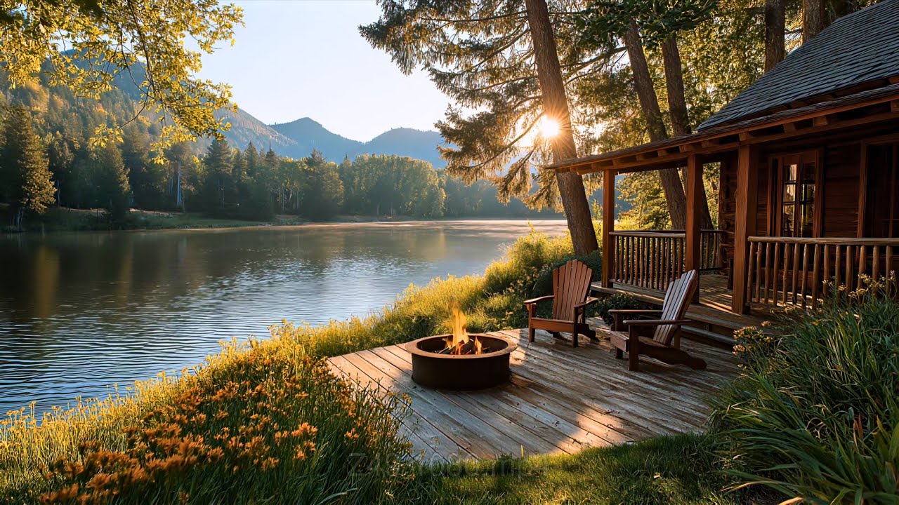 Relaxing Riverside Porch Ambience at Spring Sunset, Nature Sounds, Campfire and Bird Calls
