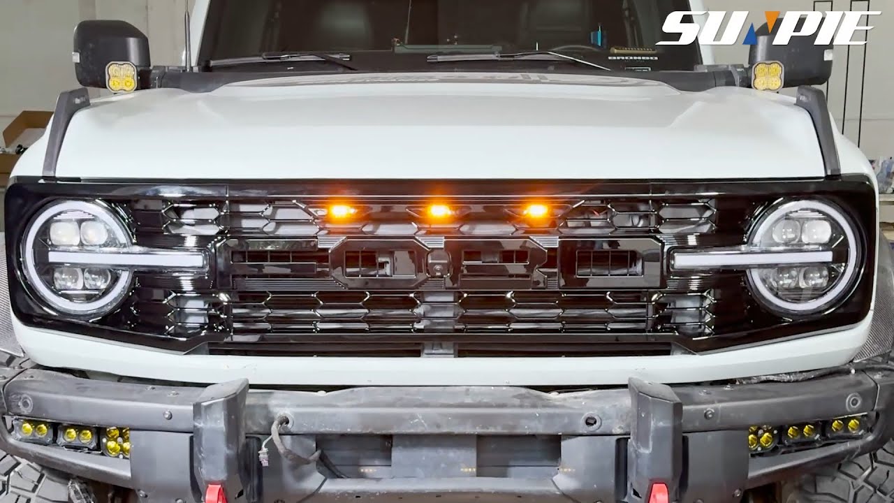 Bronco Piano Black Grille Raptor Style with Letter Inserts & Yellow LED Lights Installation Video