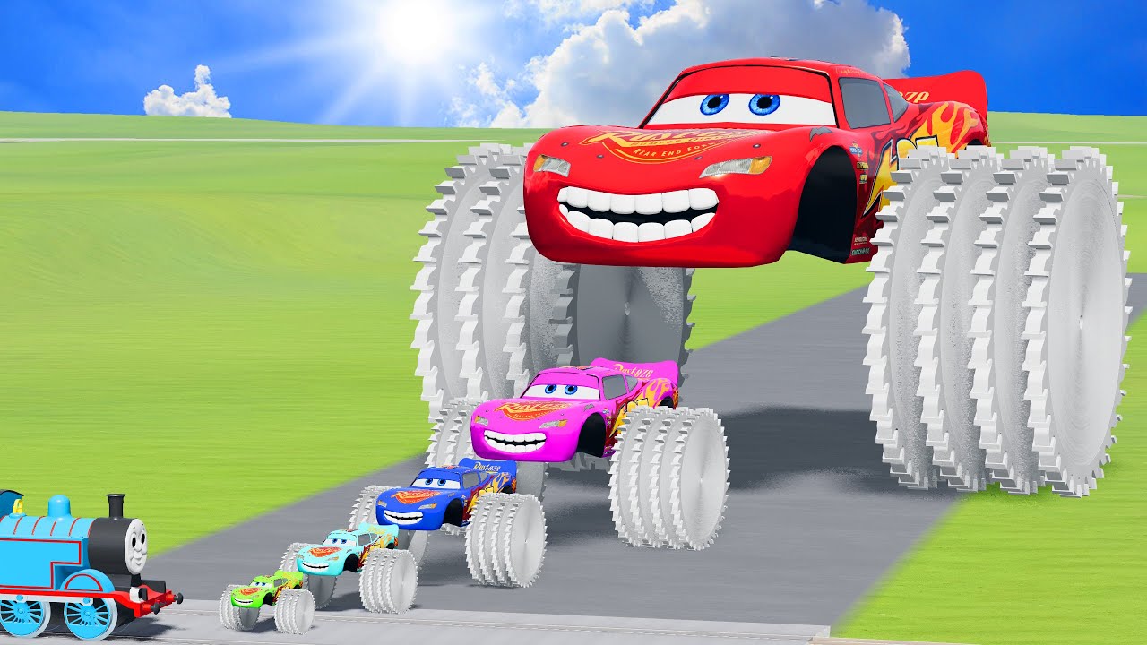 Big & Small Color McQueen 2 Saw Wheels Vs Train | BeamNG.drive
