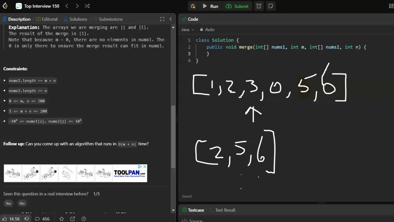 Merge Sorted Array - Leetcode 88 - Array/String (Java)