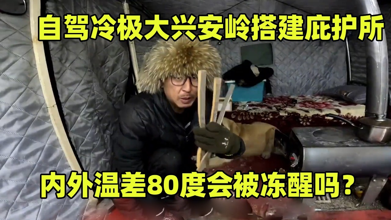 自驾冷极大兴安岭搭建庇护所，内外温差80度，睡这里半夜会冻醒吗【小秃子旅行记】