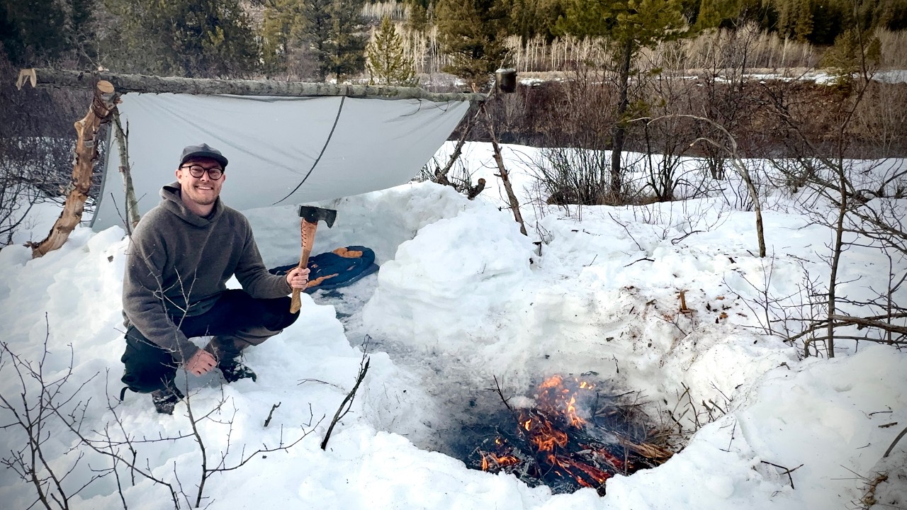 Winter Camping in a Bushcraft Shelter, Fishing for Trout