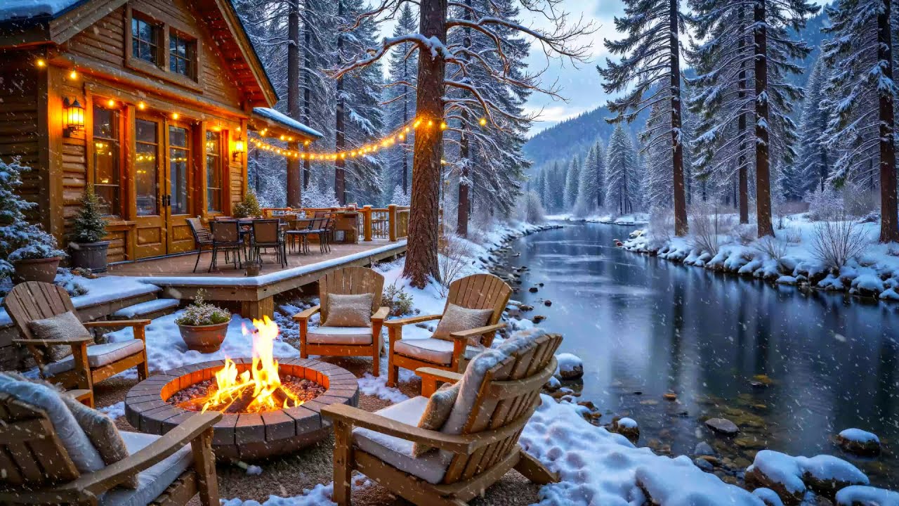 Cozy Winter Piano Music ❄️ Crackling Campfire Sounds 🔥Riverside Cabin for Study, Work