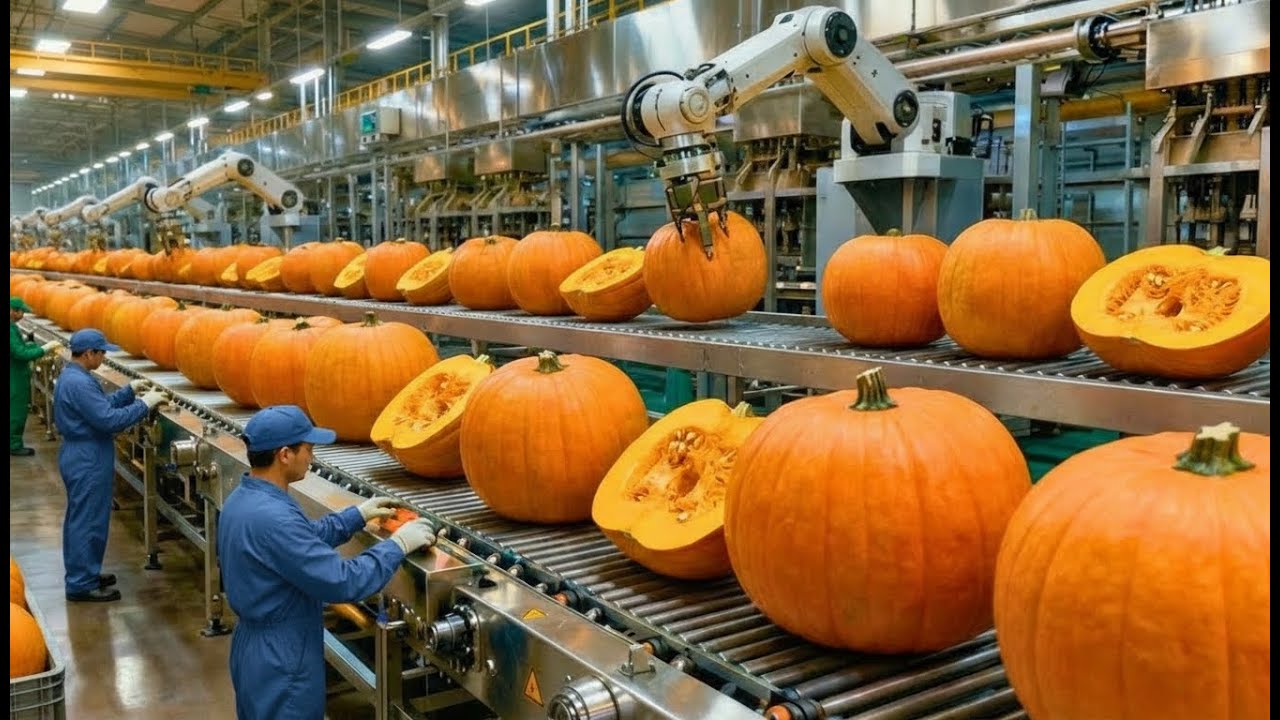 Inside factory: Massive Pumpkin Processing Plant from Whole Pumpkins to Cans ( Full process)