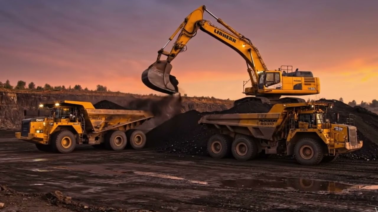 Liebherr R9350 Excavator in Action at Work with Komatsu HD785