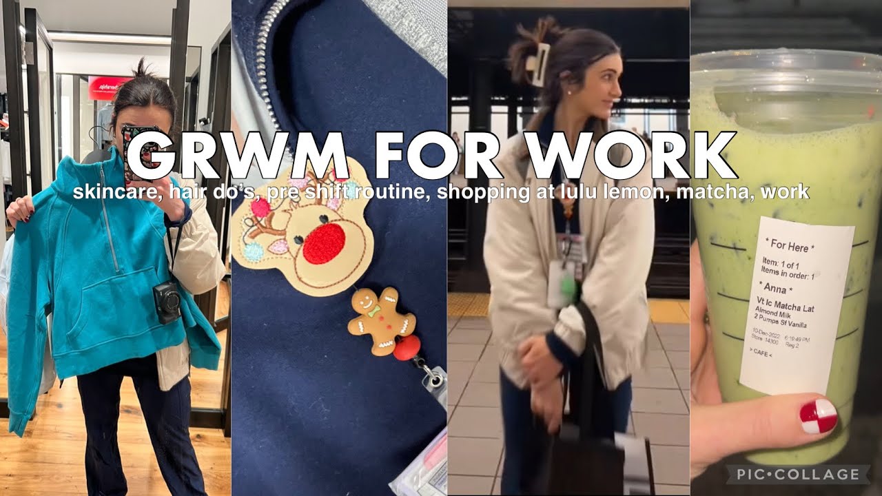 VLOGMAS 16 | GRWM for night shift! skincare, hair, scrubs, starbies, shopping at lululemon