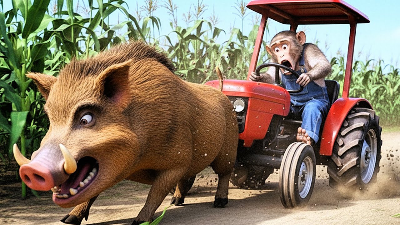 Monkey Farmer Drives Tractor To Protect Cornfield From Wild Boars- Monkey Farm Work | CoCo Farm