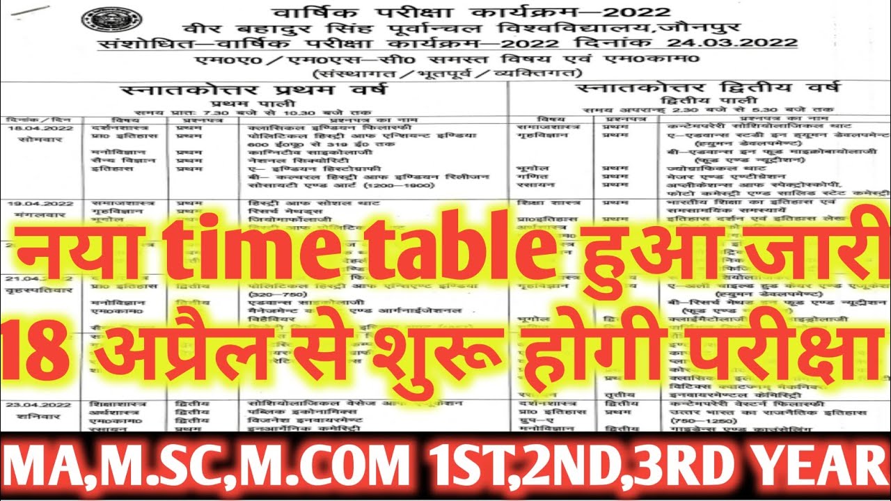 VBSPU M.A,M.COM,M.SC time table 2022। vbspu m.a ka time table 2022। vbspu time table pg 2022।