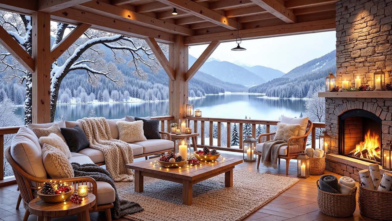 Fireplace Winter Piano Music in Calm Morning ❄️ Cozy Porch Ambience with Snowfall to Study & Work