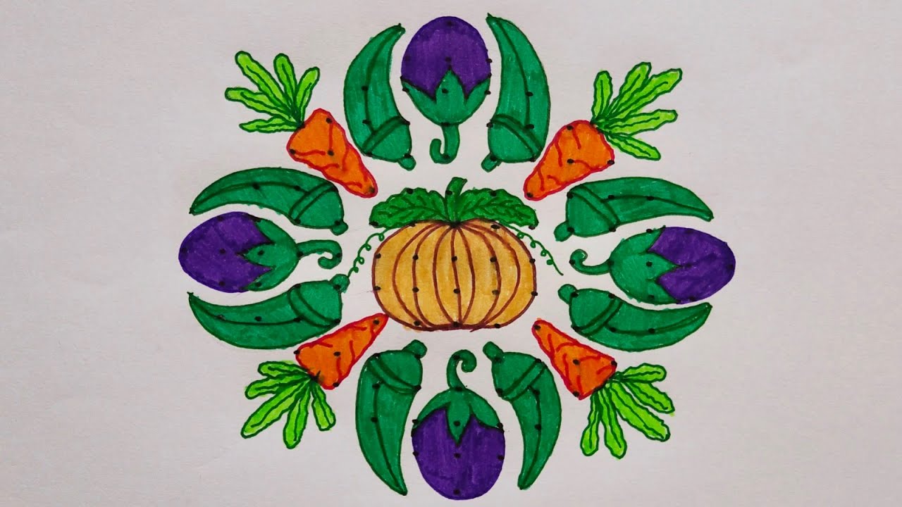 Vegetables 🍆🥕🍊 Rangoli | కూరగాయల ముగ్గు| ತರಕಾರಿ ರಂಗೋಲಿ | Veggies Kolam
