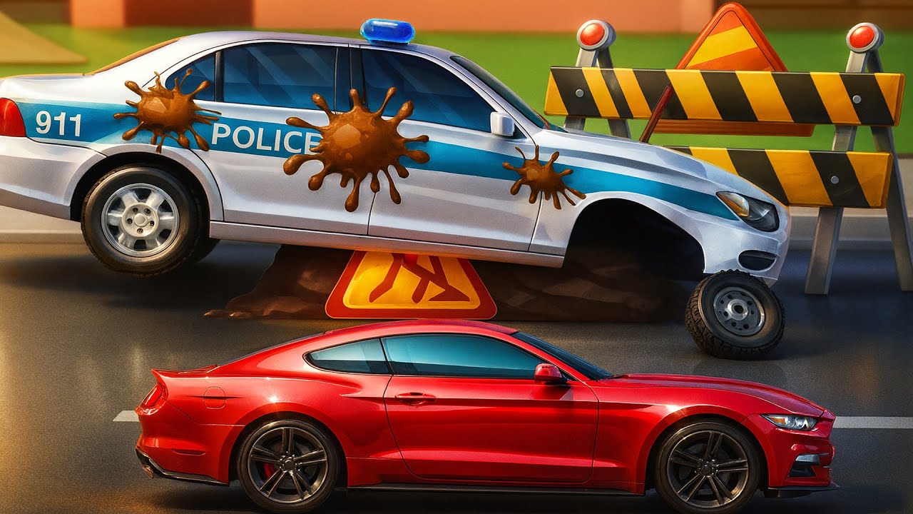 Uh-Oh! Dirty Mud Trap Stops the Police Car — Red Sports Car Escapes! 🚓 | Vehicles Animation