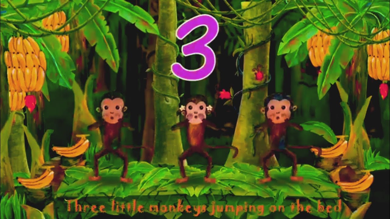 Three small monkeys jumping on the bed W/effect#sponsored#by: gamavision#Csupo#edit