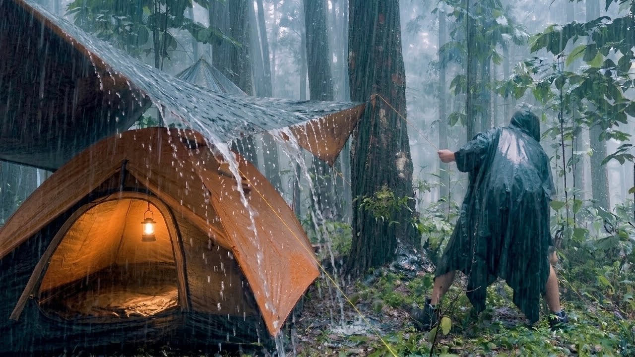 BEAT BY LONG HEAVY RAIN ALL DAY || ALL DAY HEAVY RAIN IN MY SOLO CAMPING