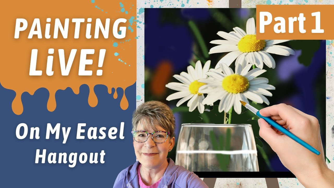 Easy Simple Daisies in a Glass acrylic painting, Primary colors, in studio with Annie Troe