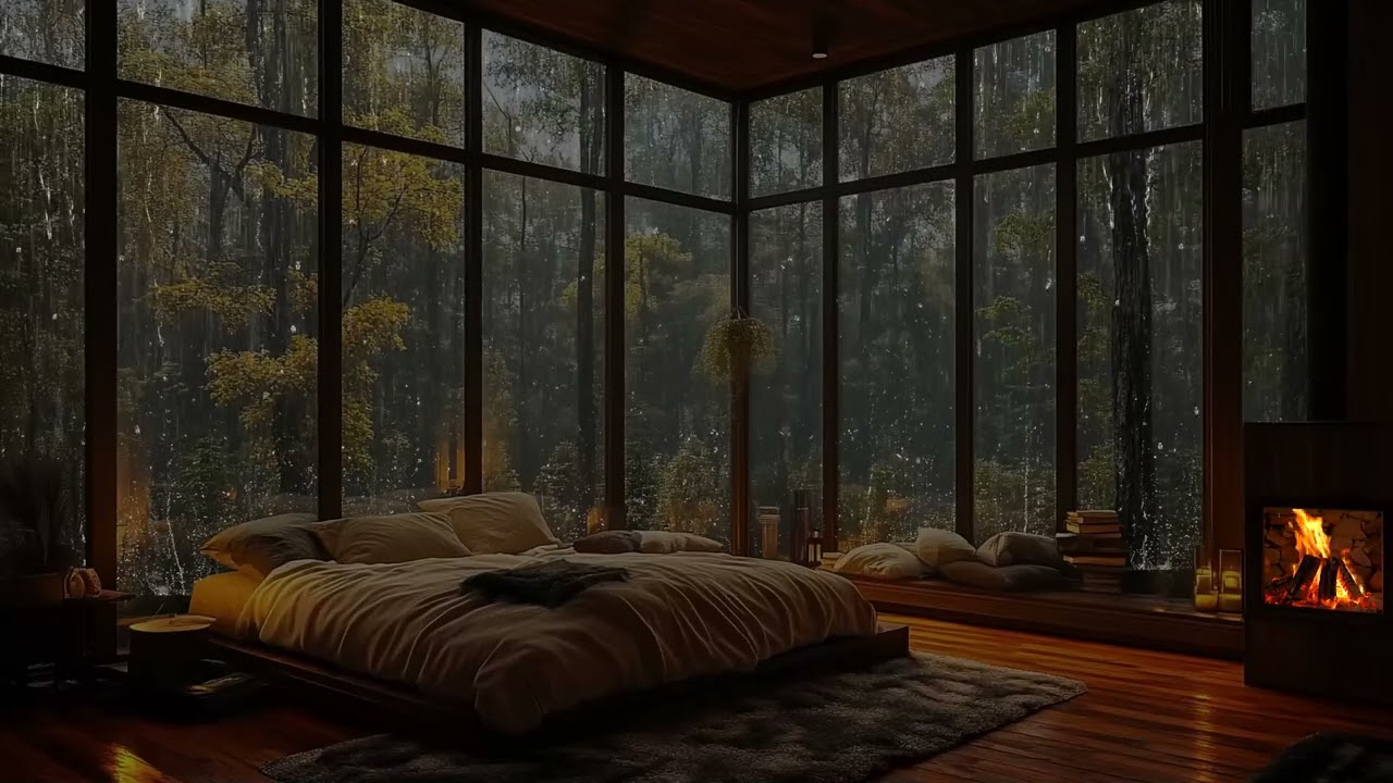 Heavy Rain at Night with Fireplace | Rain Sound for Deep Sleep and Stress Relief
