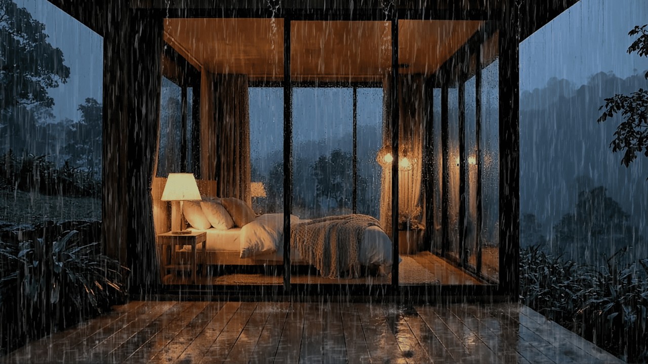 Rain Sounds for Deep Sleep ASMR 🌧️ Cozy Glass Cabin in Heavy Rain Ambience Fall Asleep