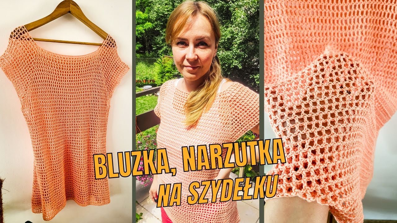 Narzutka plażowa, tunika, bluzka siatka na szydełku. Raglan od góry.
