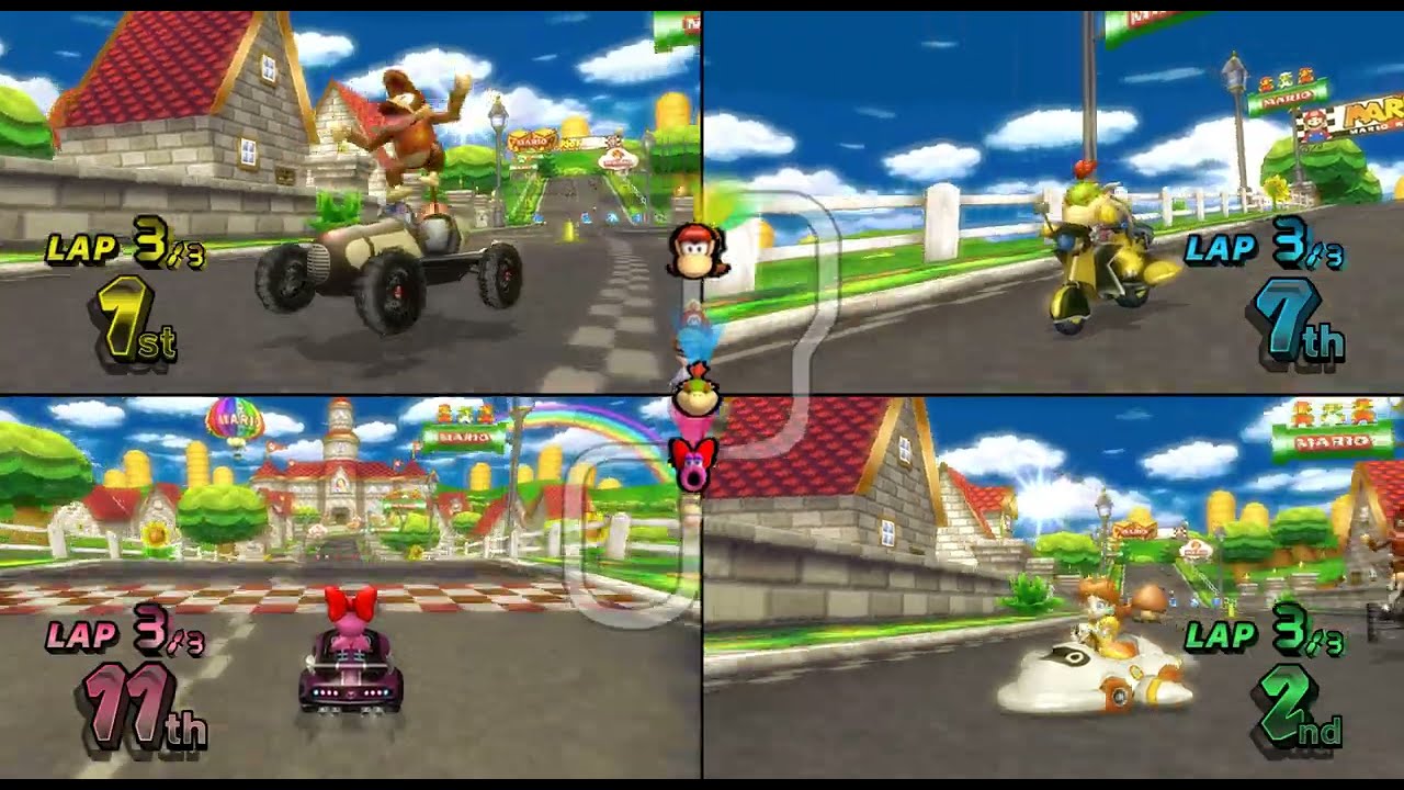 Mario Kart Wii - 4 Players Flower Cup Grand Prix (Diddy Kong, Bowser Jr., Birdo, Daisy Gameplay)
