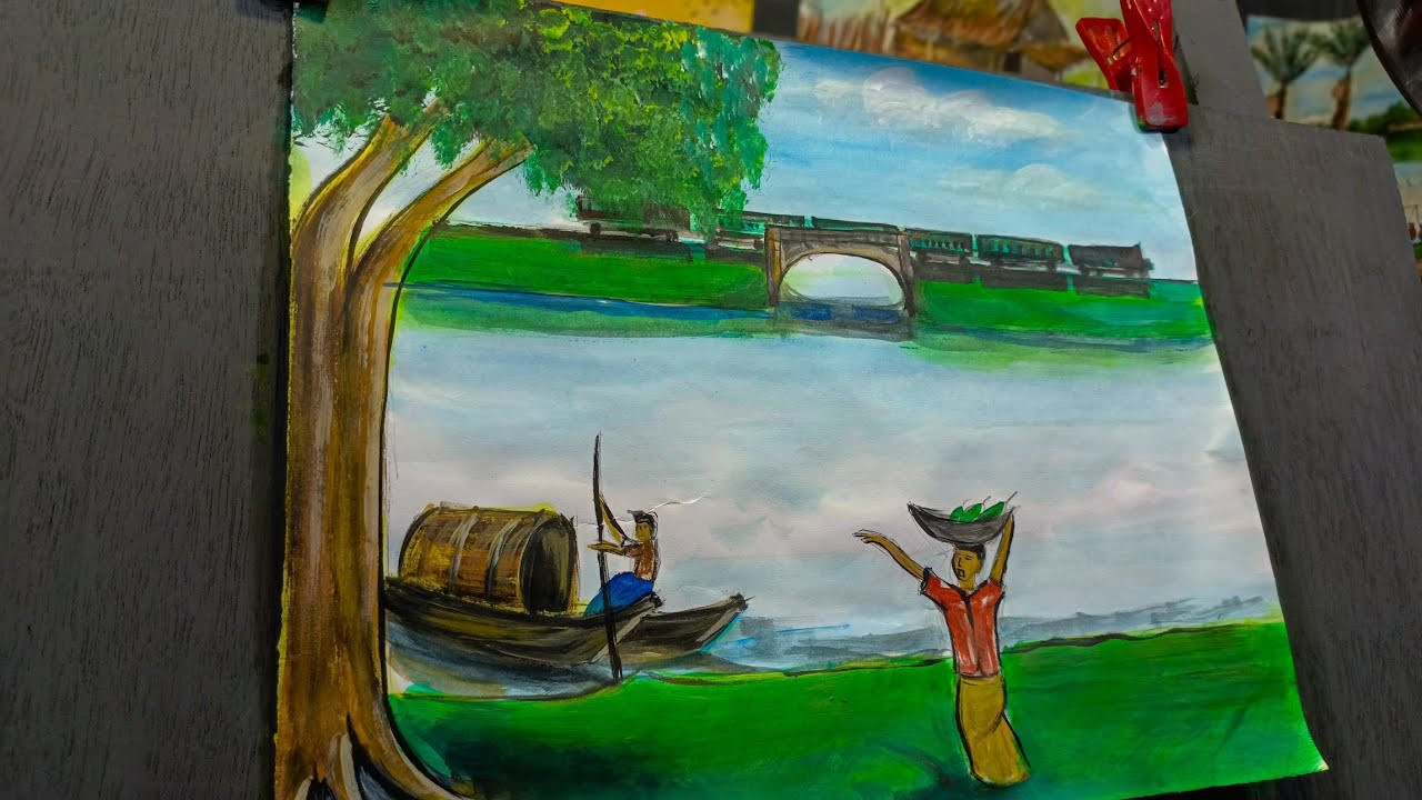 গ্রামীণ দৃশ্যের ছবি 🥰 নদী পাড়ের জীবনকাব্য#artgallery #artbeautiful #drawing #drawing #art #village 