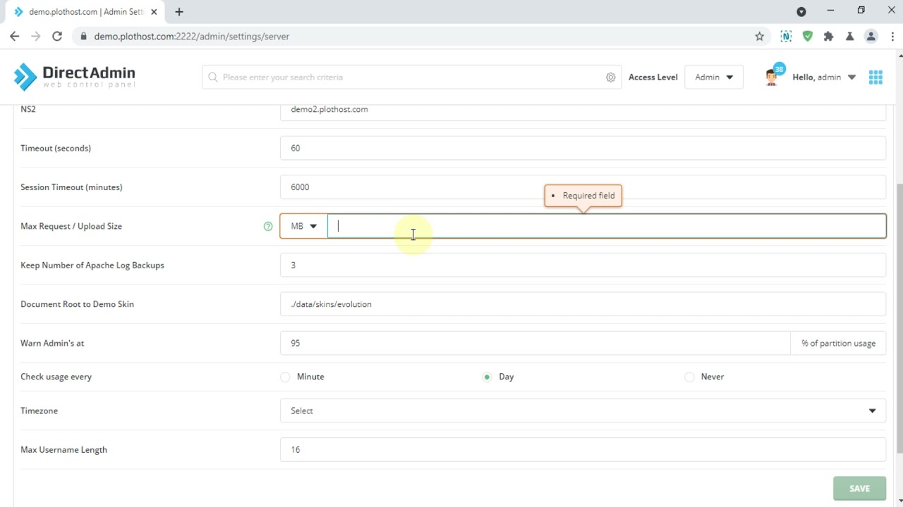 How to increase the DirectAdmin File Manager Max Request / Upload Size