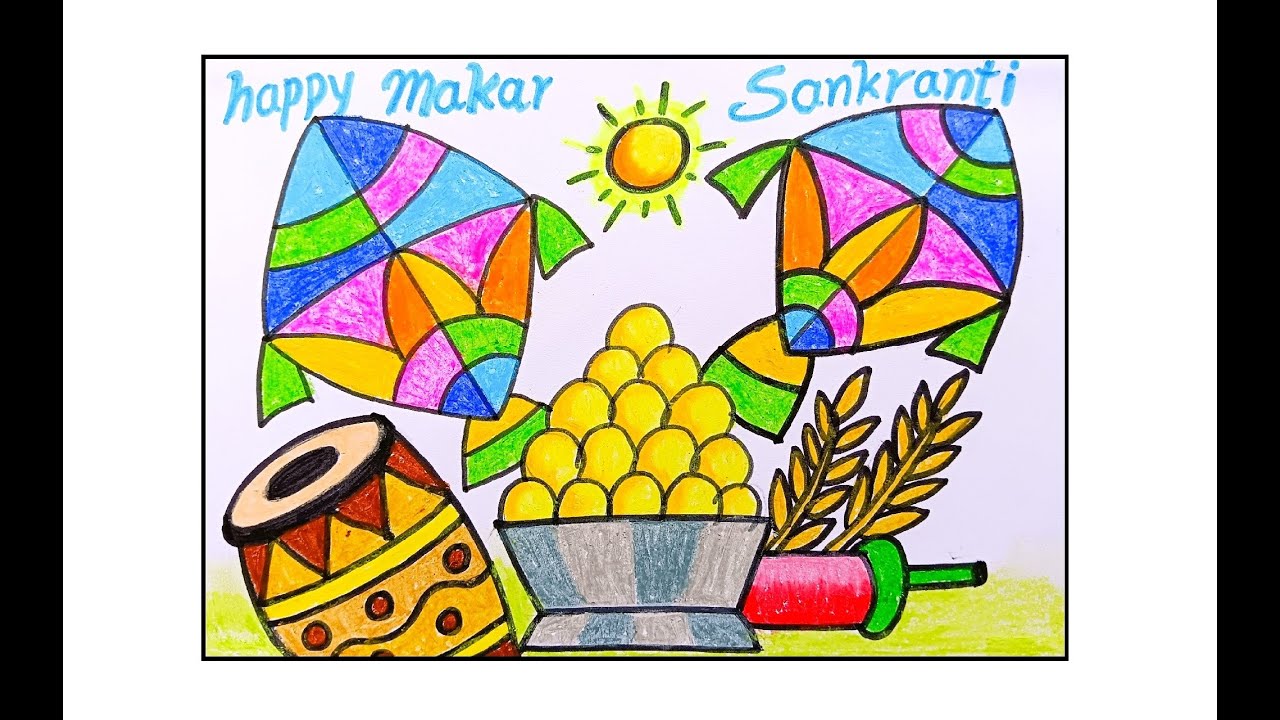 MAKAR SANKRANTI DRAWING EASY/HAPPY MAKAR SANKRANTI DRAWING/SIMPLE MAKAR SANKRANTI DRAWING AND COLOUR