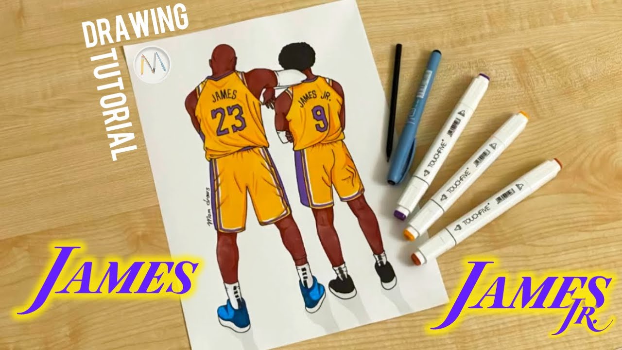 How to draw a basketball player Lebron James and son James Jr. / How to draw Bronny James