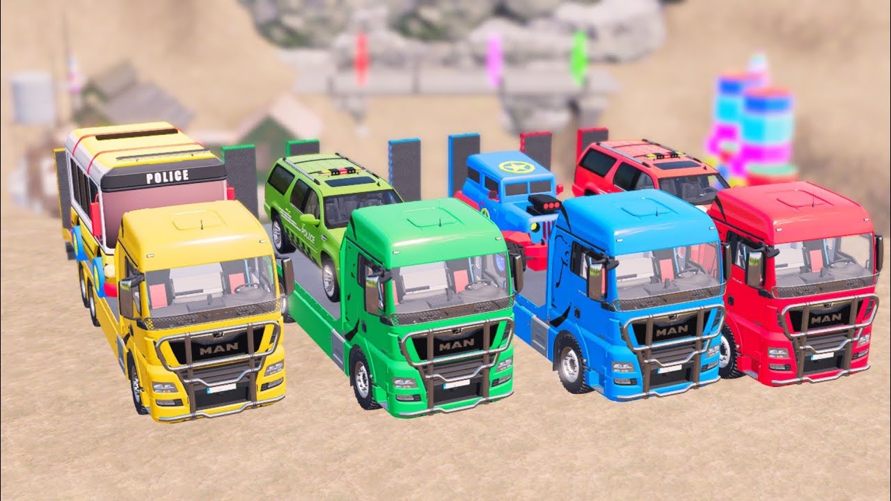 TRANSPORTING PUBLIC WORKS VEHICLES MAN TRUCK AND POLICE TO GARAGE WITH ALL COLORS