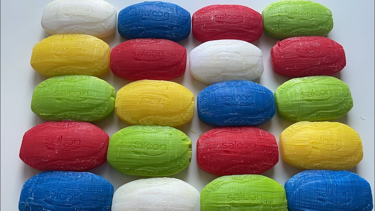 ASMR cuts cubes at a colored soap Saloon