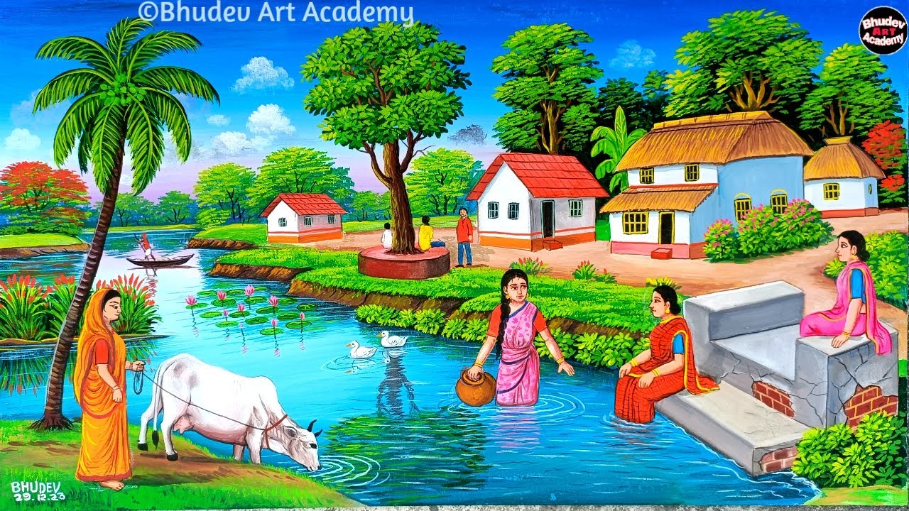 Beautiful Village Landscape Scenery Painting| Indian Village Scenery Painting With EarthWatercolor