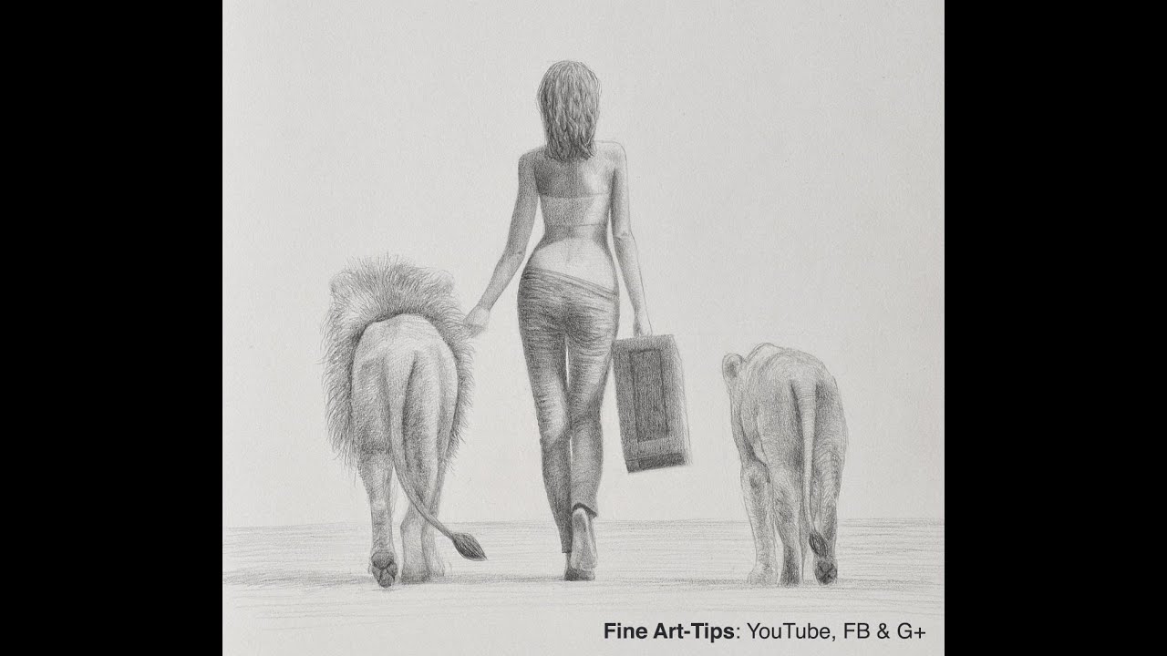 How to Draw a Woman Walking With Lions from Behind