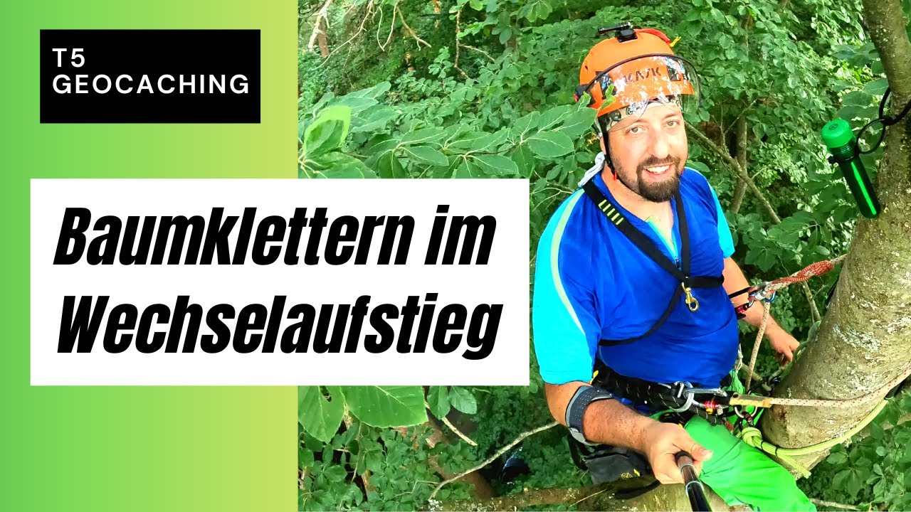 T5 Klettern Geocaching - Mit beiden Seilenden im Wechselaufstieg Richtung Dose den Baum hinauf