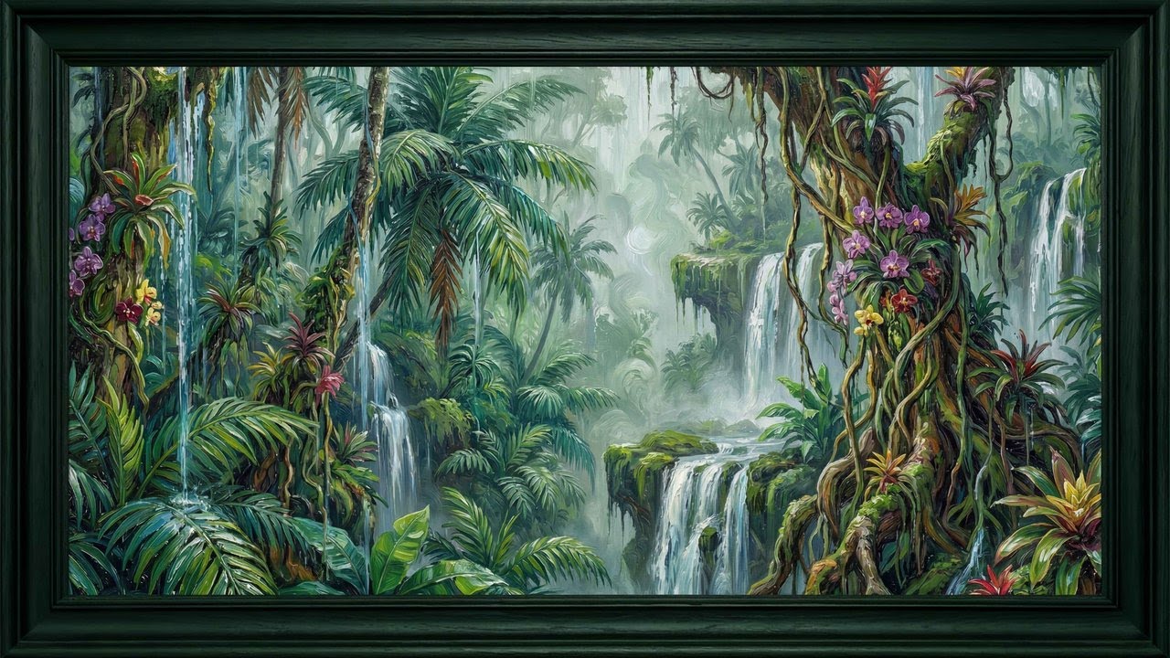 Rainforest Paradise — Tropical Waterfalls & Wild Orchids | Oil Painting | 4K TV Art | 8 Hours