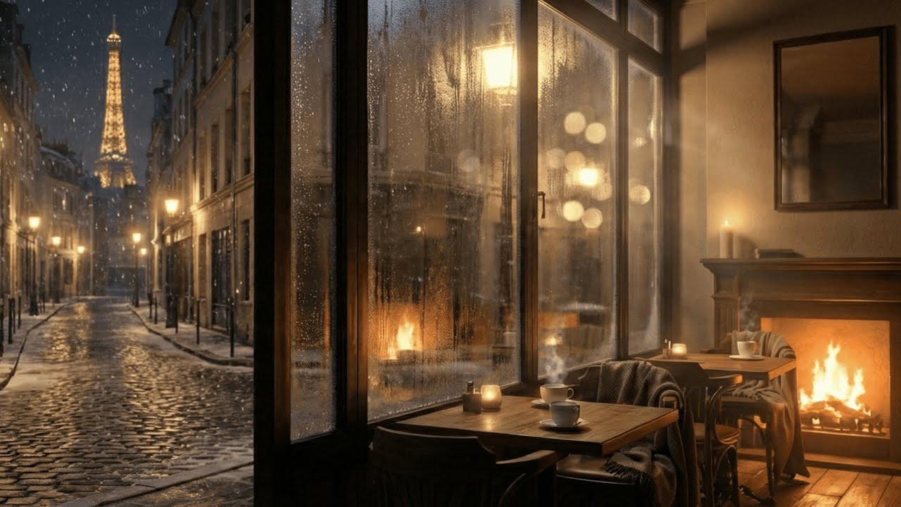 雪舞うパリの路地裏カフェ｜コーヒーで温まるリラックス ジャズピアノ（暖炉の音・作業用BGM）