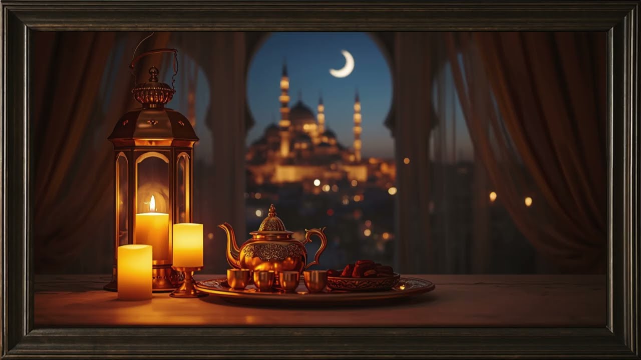 Ramadan Ambience | Luxury Candlelight Evening with Crescent Moon | 1 Hour Relaxing 4K TV Frame Art