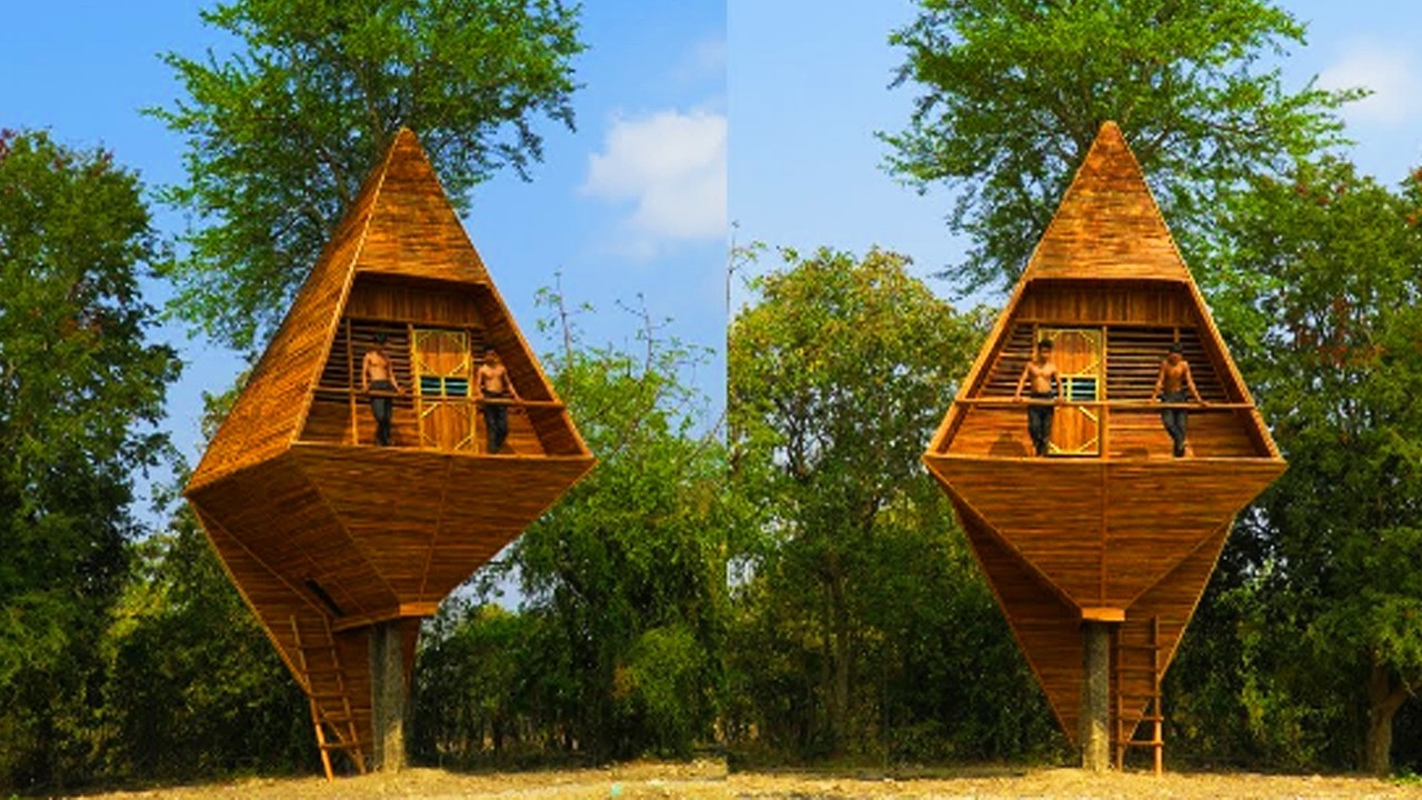 100Days Modern home decoration using bamboo and wood on a luxurious tree [Full Building]