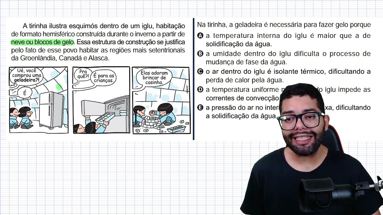 Enem 2024 - A tirinha ilustra esquimós dentro de um iglu, habitação de formato hemisférico