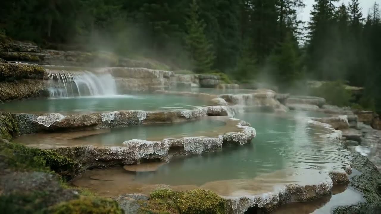 Hidden Hot Spring Waterfall Steam Ambience (4K) — 10 Hours | Deep Sleep & Relaxing Music 🌙