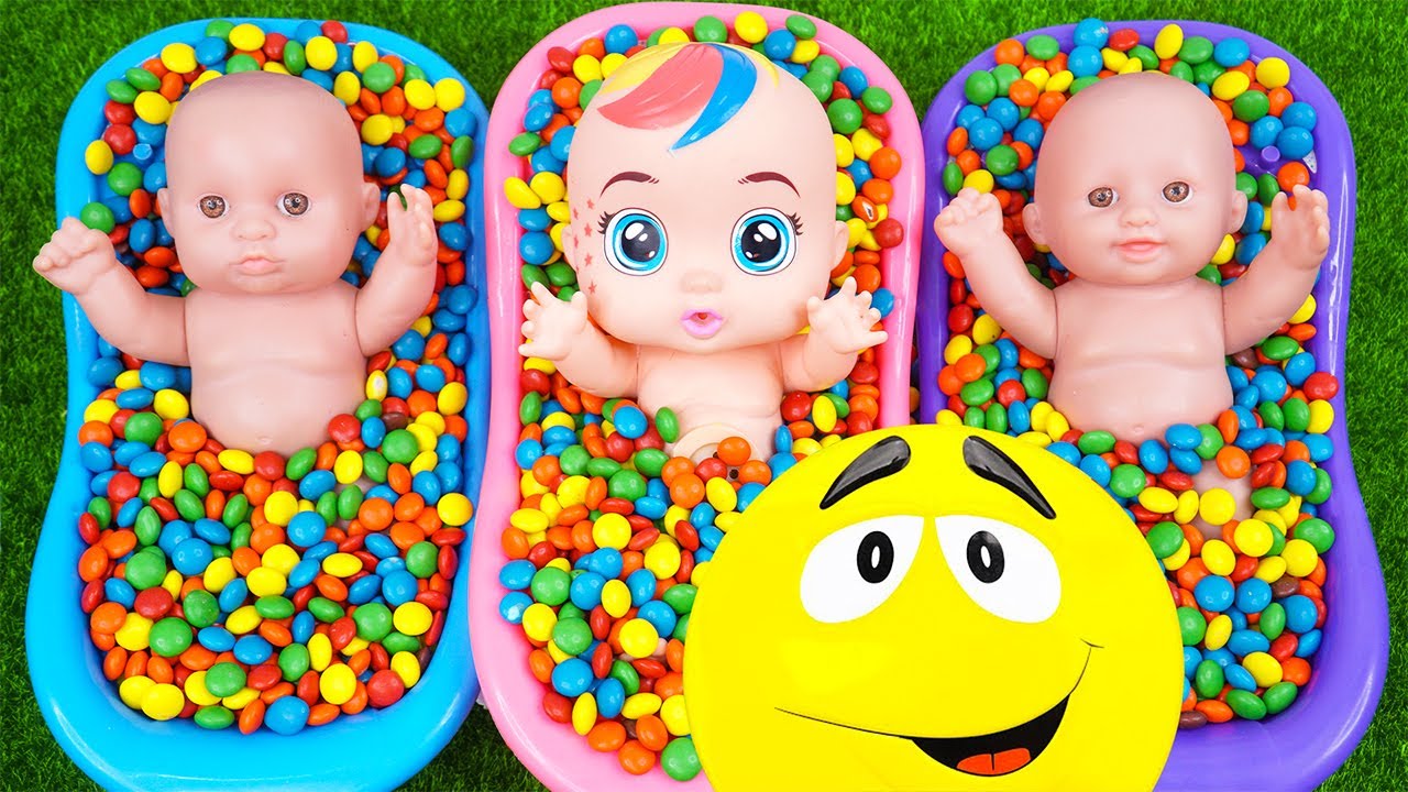Full of 3 Rainbow BathTubs Candy with M&M's & Magic Slime Cutting Video