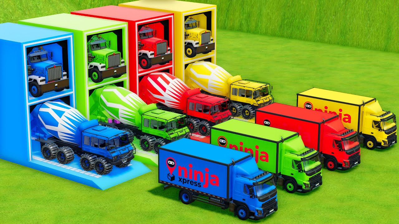 Garage with Colors - ALL MIXER TRUCK WITH DOUBLE FLATBED TRAILER TRUCK, VOLVO, PAZ, KENWORTH - FS22
