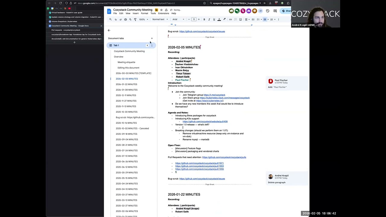 Cozystack community meeting 2026-05-02: release 1.0, Brew packages, RBAC, Harbor, Nexus, OpenBAO