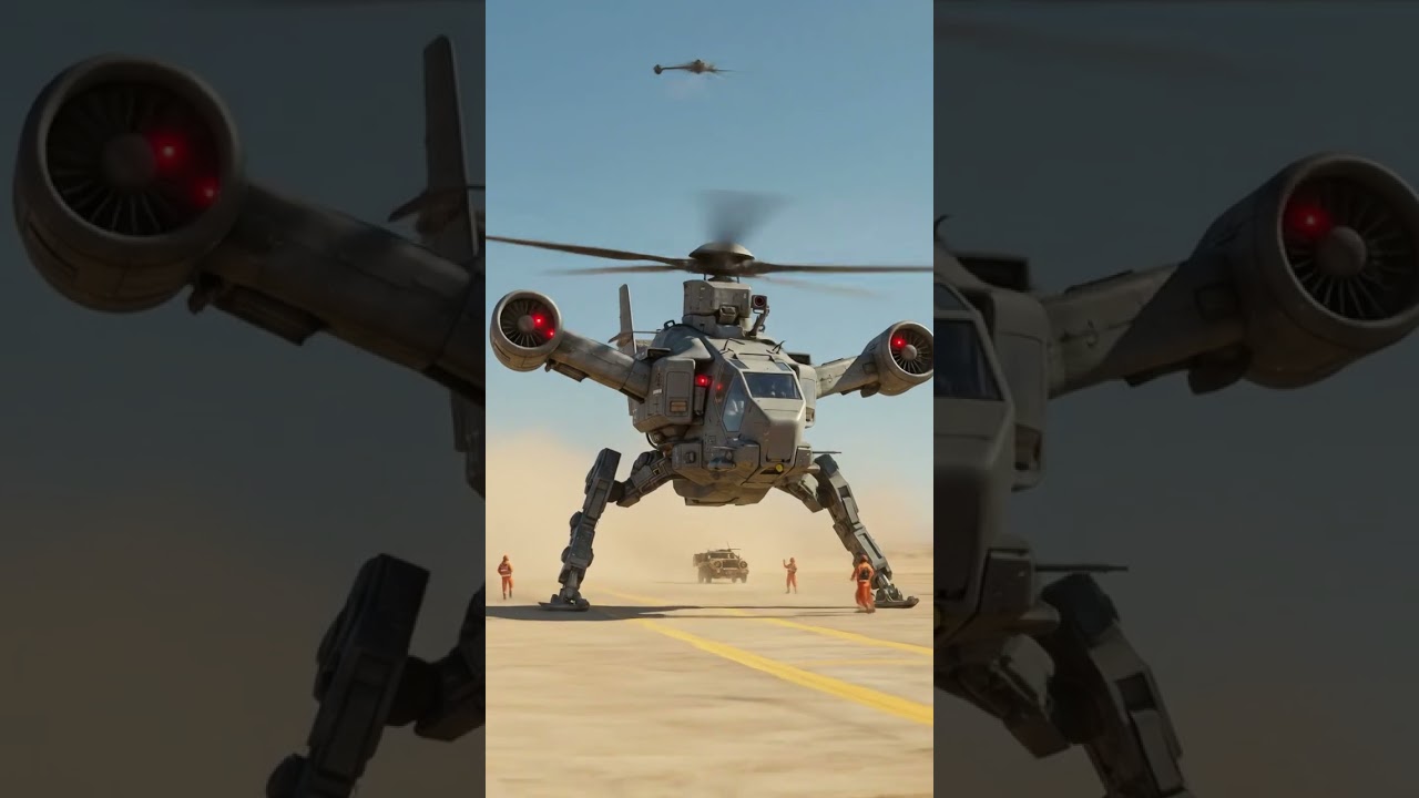 Futuristic Military Helicopter with Robotic Legs in Action