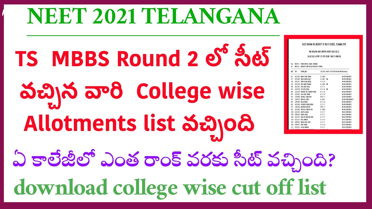 Ts mbbs  college wise cutoff ofter Round2 allotments// ts  round 2 cut offs 2021/neet 2021 in telugu