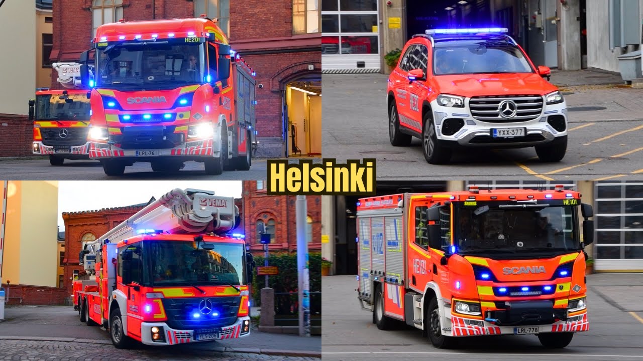 [Feuerwehr Helsinki] Fahrzeuge mehrerer Wachen auf Einsatzfahrt in Finnlands Hauptstadt
