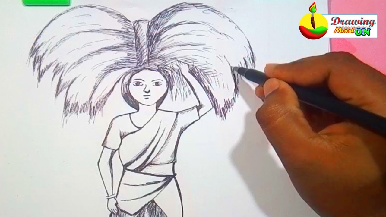 Indian villager woman carrying grass on head drawing.