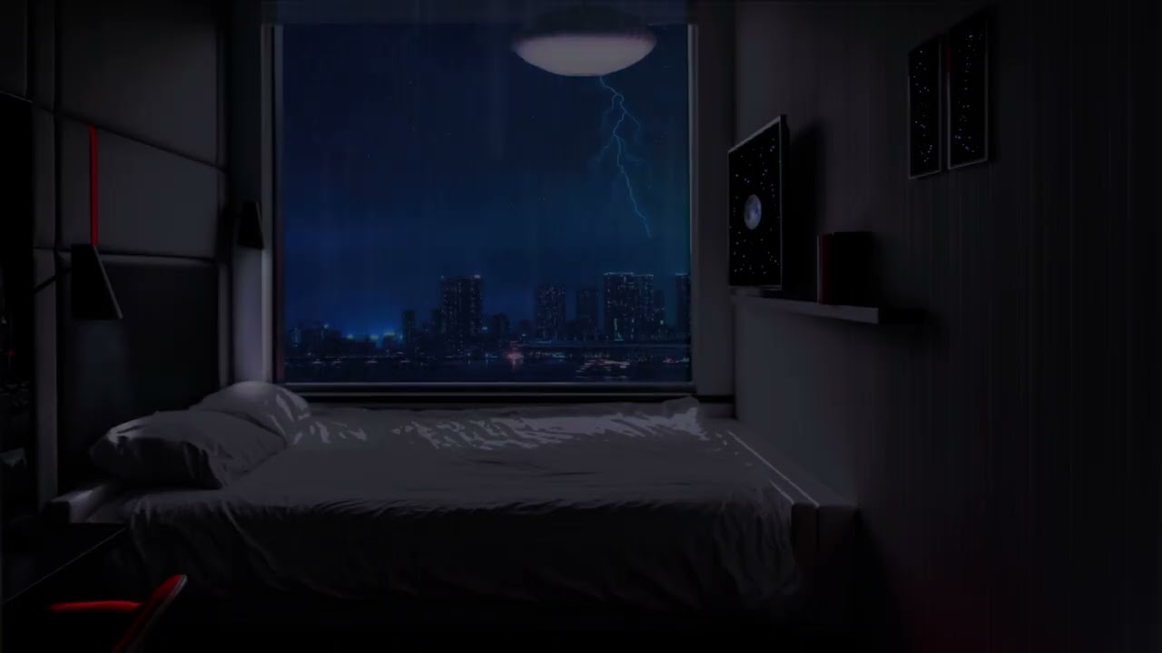 Lluvia nocturna vista desde la ventana con truenos lejanos | Dormir profundo | 1 hora