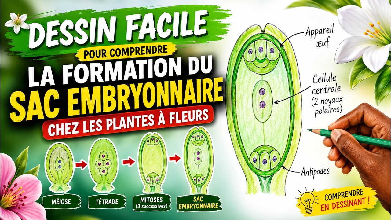 Dessin facile pour comprendre LA FORMATION DU SAC EMBRYONNAIRE chez les plantes à fleurs.