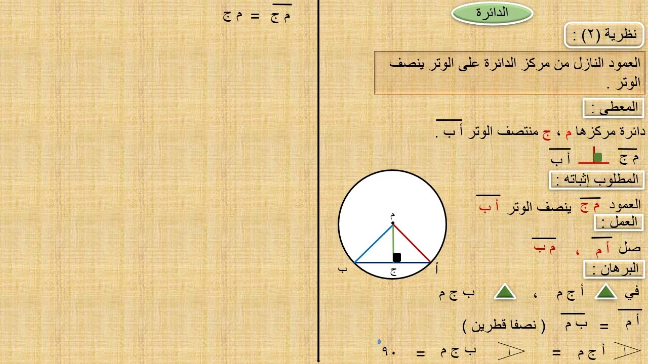 @العمود النازل من مركز الدائرة على الوتر ينصف الوتر :