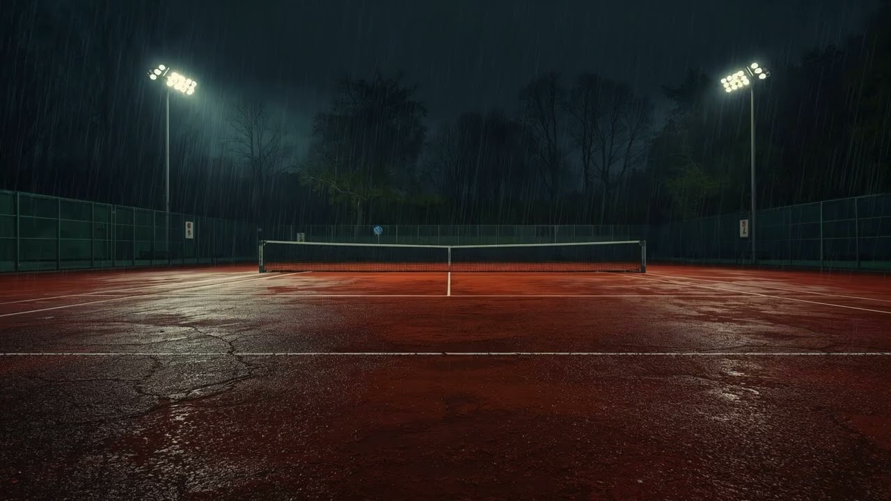 Rain Ambience on an Clay Tennis Court at Night (4K) | After The Whistle