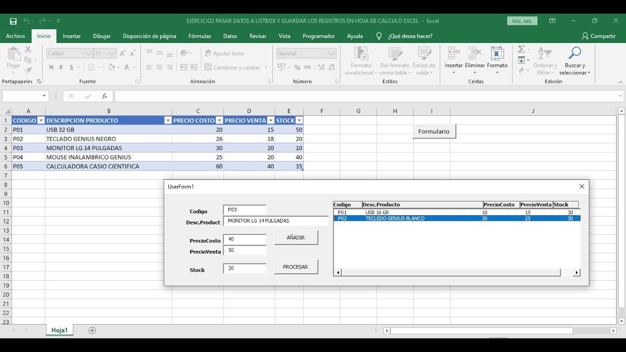 AGREGAR DATOS A LISTBOX Y GUARDAR LOS REGISTROS EN HOJA DE  CALCULO EXCEL