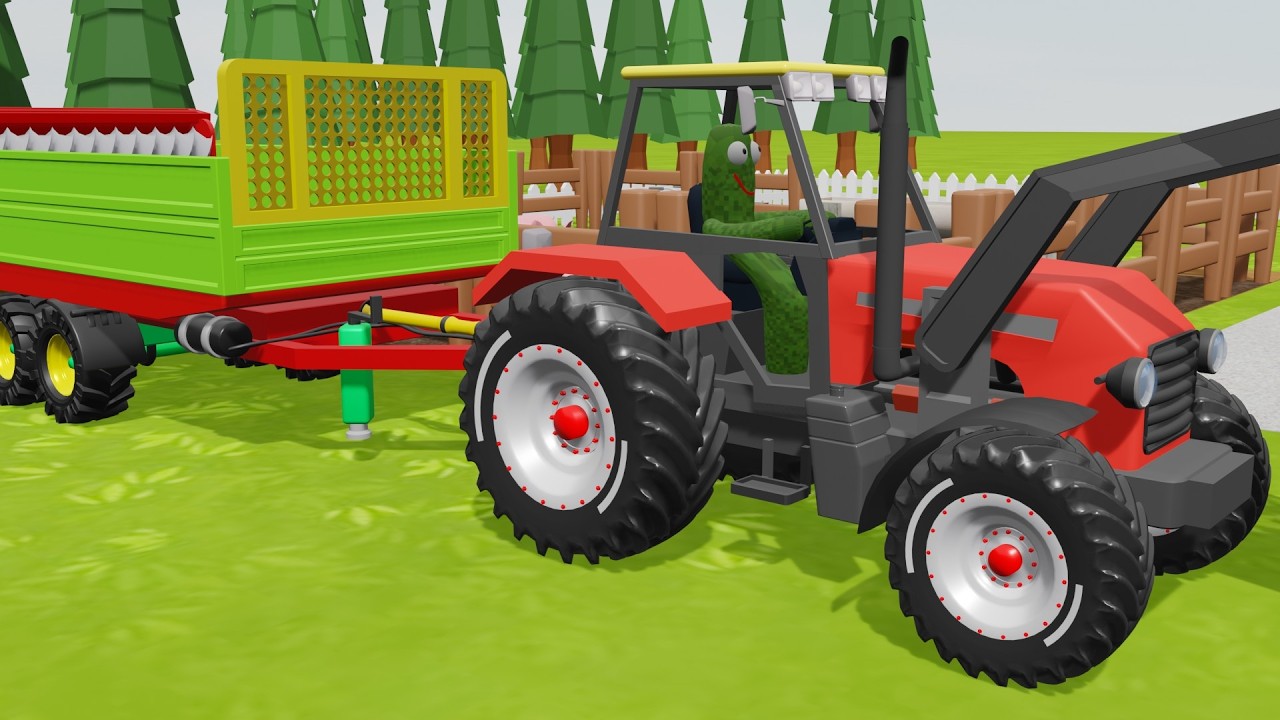 Red Tractor with a Cactus Inside and Cleaning Up After Pigs - Colorful Farm and Vehicles for Kids